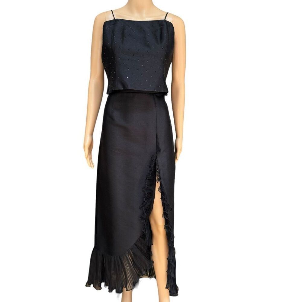 100% silk black set of cropped embellished top and maxi skirt with slit size L